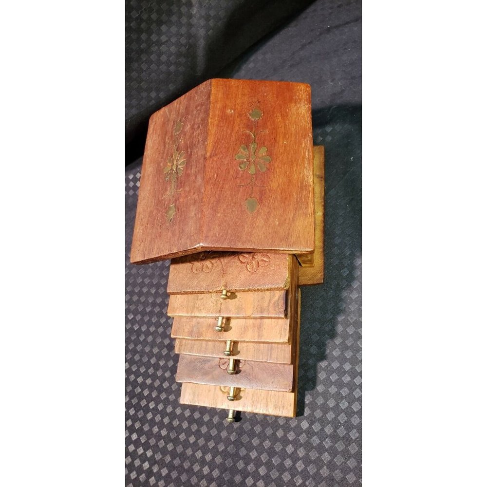 Set of 6 Handmade Wooden Hut Shape Coaster Holder with Brass Inlay.